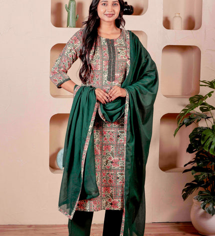 Green Printed Kurta with Pyjamas With Dupatta