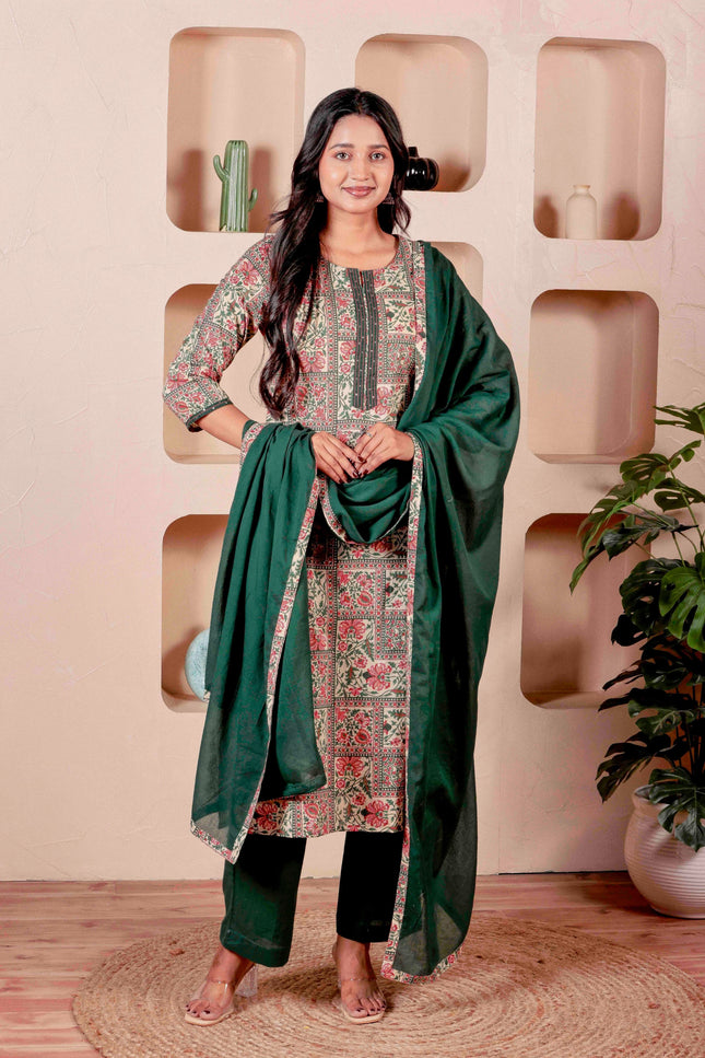 Green Printed Kurta with Pyjamas With Dupatta