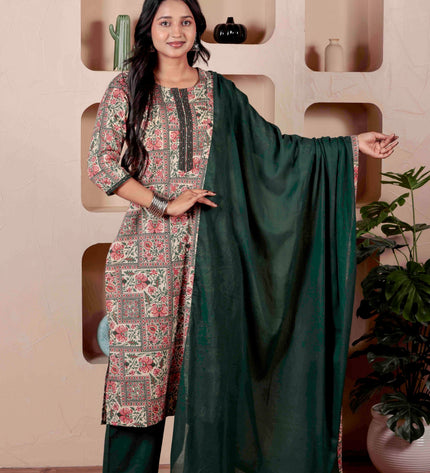 Green Printed Kurta with Pyjamas With Dupatta