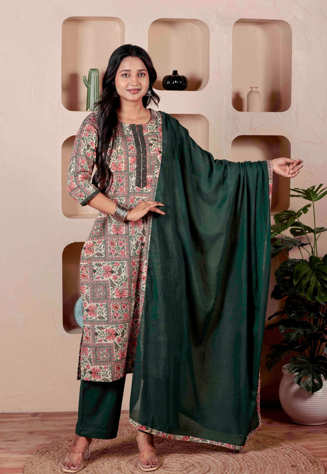 Green Printed Kurta with Pyjamas With Dupatta
