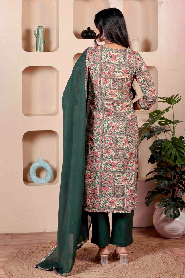 Green Printed Kurta with Pyjamas With Dupatta