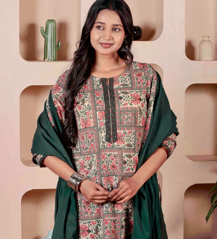 Green Printed Kurta with Pyjamas With Dupatta