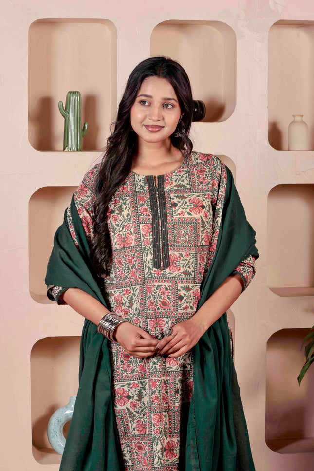 Green Printed Kurta with Pyjamas With Dupatta