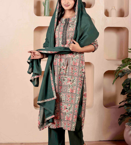 Green Printed Kurta with Pyjamas With Dupatta
