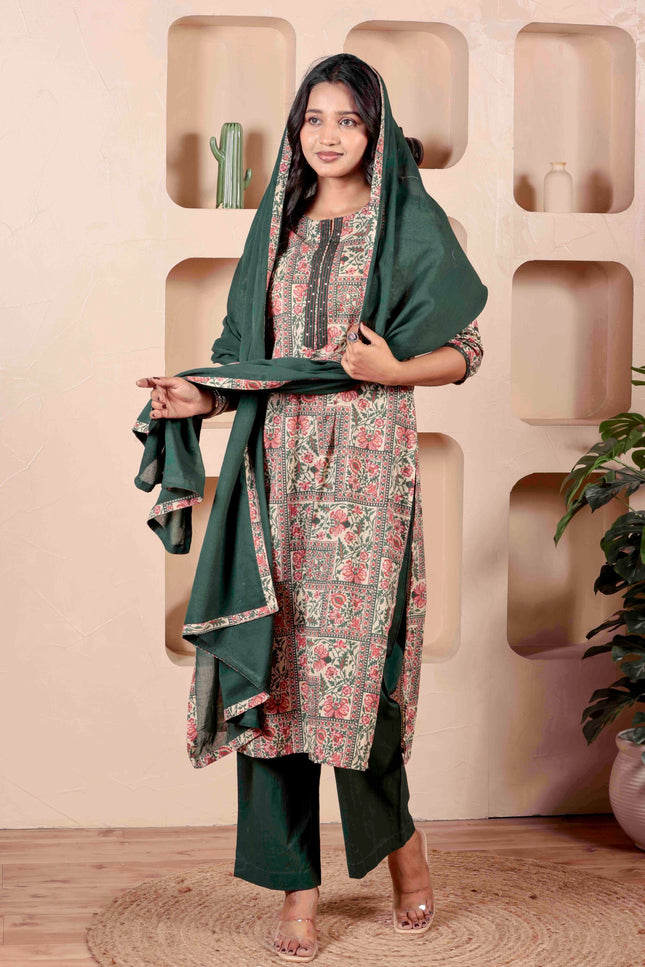 Green Printed Kurta with Pyjamas With Dupatta