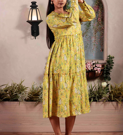 Lime Green Cotton Dress For Women