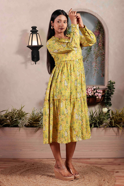 Lime Green Cotton Dress For Women