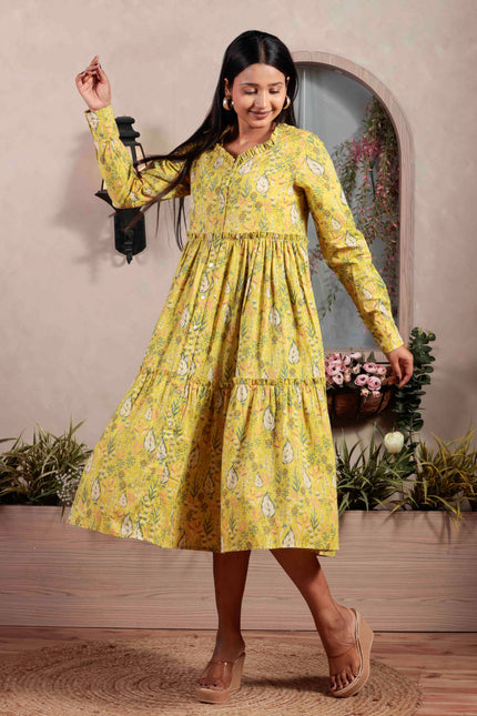 Lime Green Cotton Dress For Women