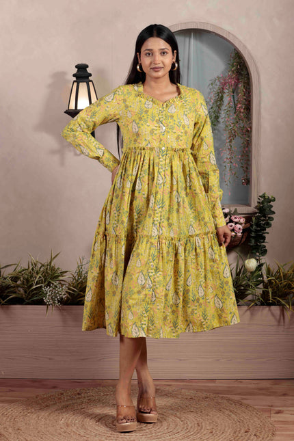 Lime Green Cotton Dress For Women