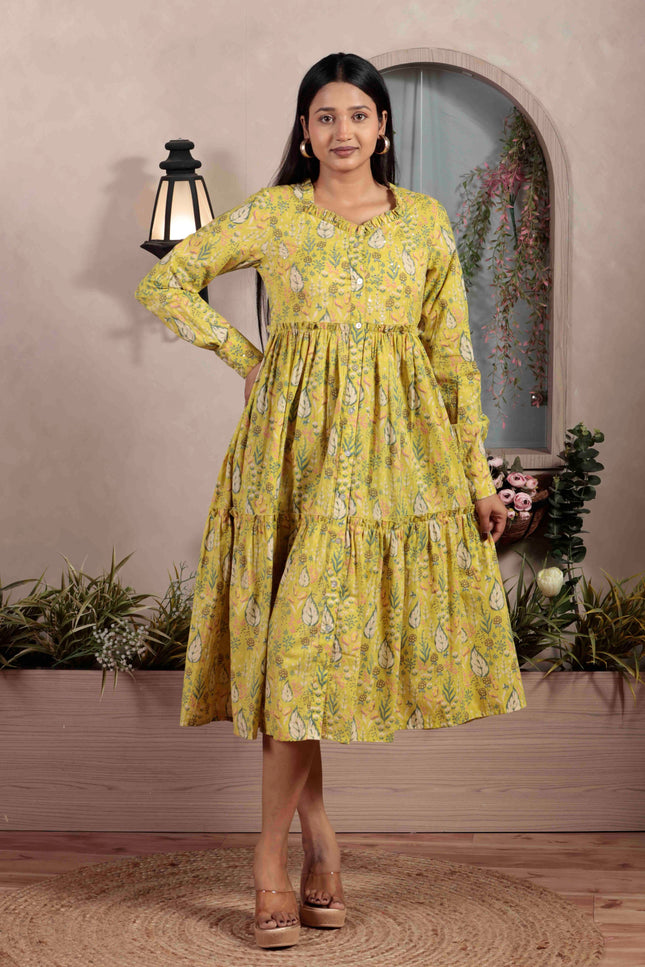Lime Green Cotton Dress For Women