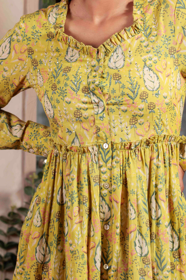 Lime Green Cotton Dress For Women