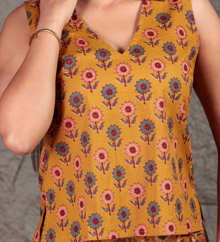 Mustard Yellow Cotton Cut Sleeve Co-ord Set For Women