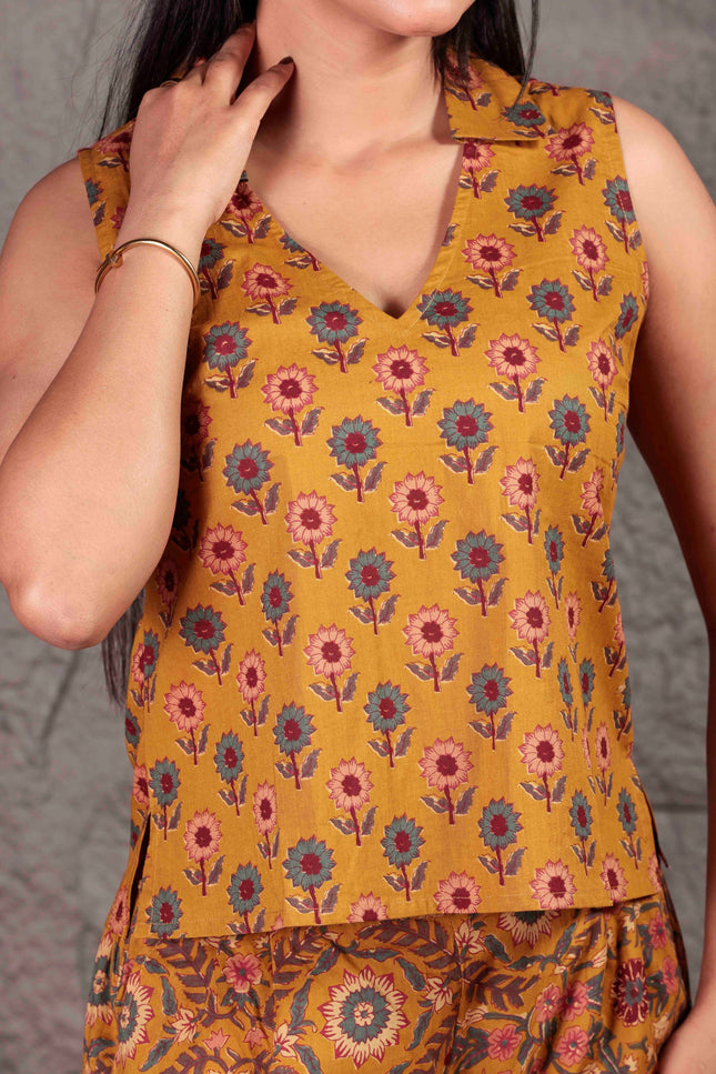 Mustard Yellow Cotton Cut Sleeve Co-ord Set For Women