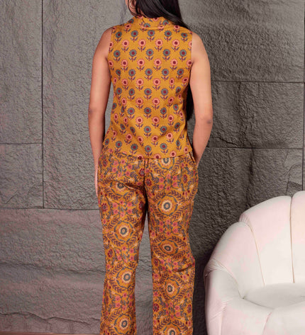 Mustard Yellow Cotton Cut Sleeve Co-ord Set For Women