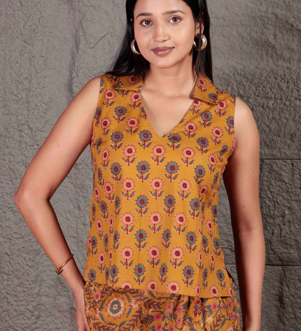 Mustard Yellow Cotton Cut Sleeve Co-ord Set For Women