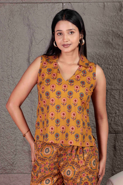 Mustard Yellow Cotton Cut Sleeve Co-ord Set For Women
