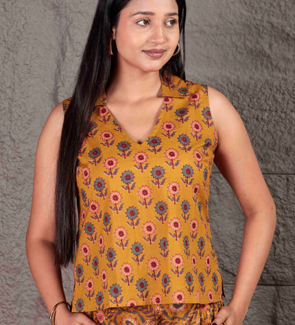 Mustard Yellow Cotton Cut Sleeve Co-ord Set For Women