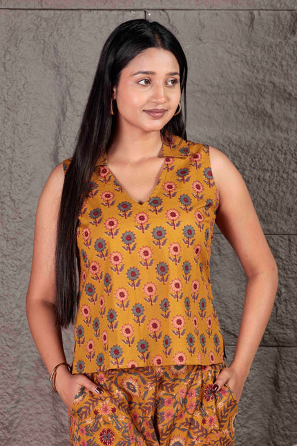 Mustard Yellow Cotton Cut Sleeve Co-ord Set For Women