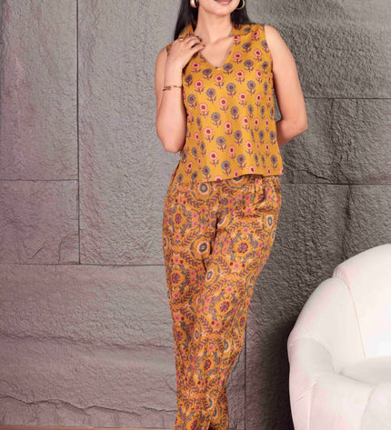 Mustard Yellow Cotton Cut Sleeve Co-ord Set For Women