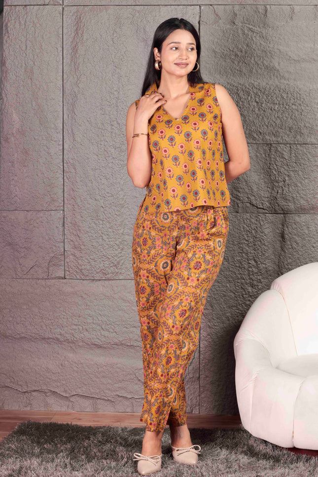 Mustard Yellow Cotton Cut Sleeve Co-ord Set For Women
