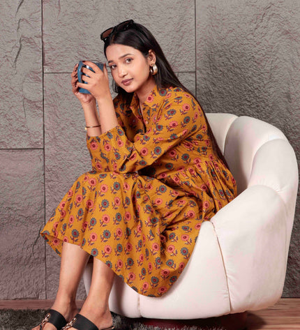 Mustard Yellow Cotton  Printed Dress  For Women