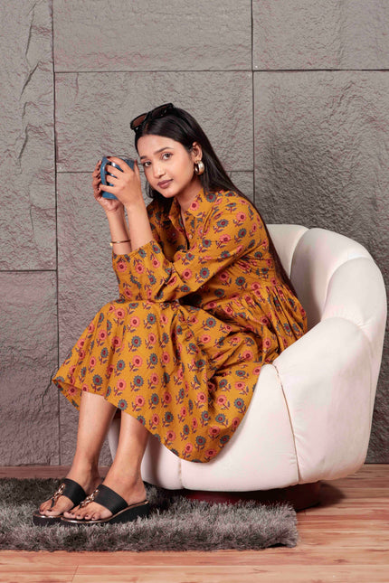 Mustard Yellow Cotton  Printed Dress  For Women