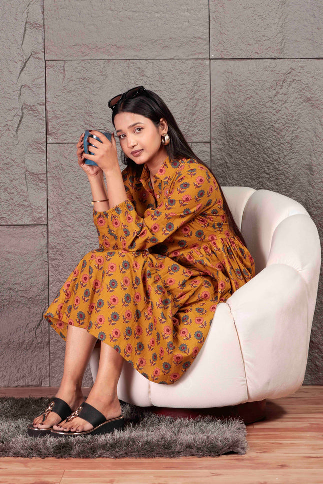 Mustard Yellow Cotton  Printed Dress  For Women