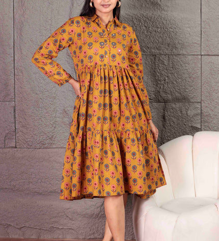 Mustard Yellow Cotton  Printed Dress  For Women