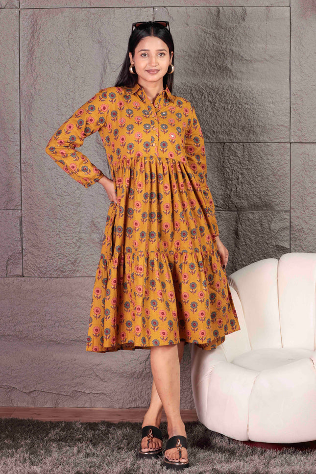 Mustard Yellow Cotton  Printed Dress  For Women