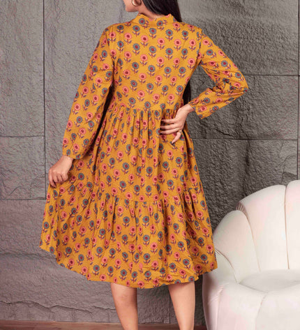 Mustard Yellow Cotton  Printed Dress  For Women