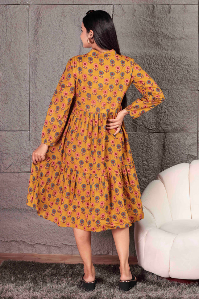 Mustard Yellow Cotton  Printed Dress  For Women