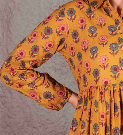 Mustard Yellow Cotton  Printed Dress  For Women