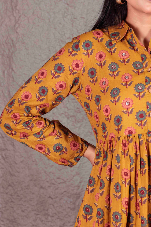 Mustard Yellow Cotton  Printed Dress  For Women
