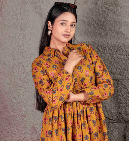 Mustard Yellow Cotton  Printed Dress  For Women
