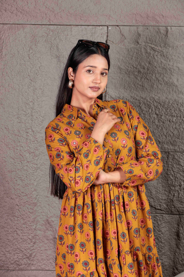 Mustard Yellow Cotton  Printed Dress  For Women