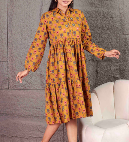 Mustard Yellow Cotton  Printed Dress  For Women