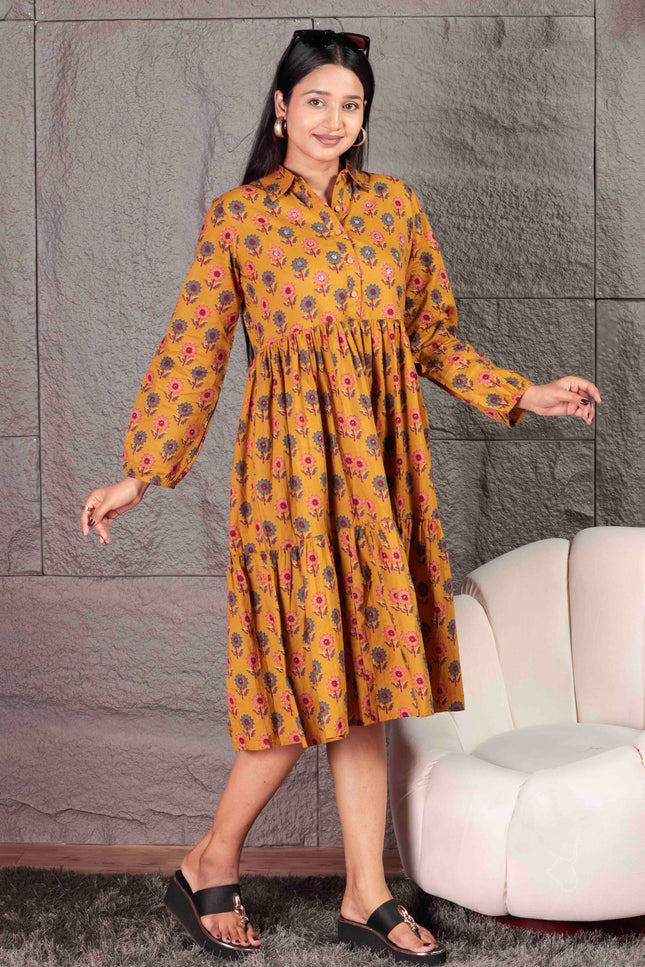 Mustard Yellow Cotton  Printed Dress  For Women