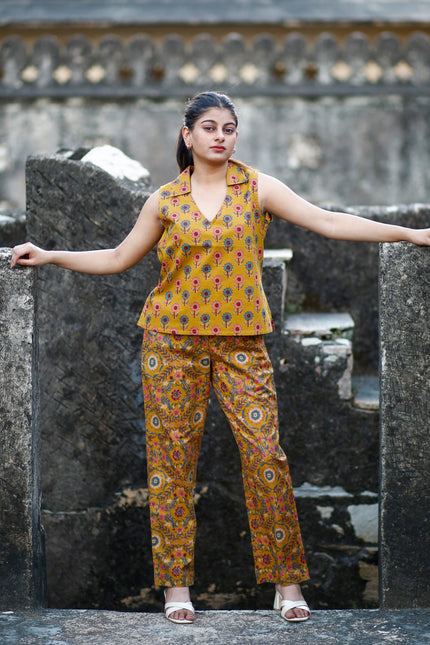 Mustard Yellow Cotton Cut Sleeve Co-ord Set For Women