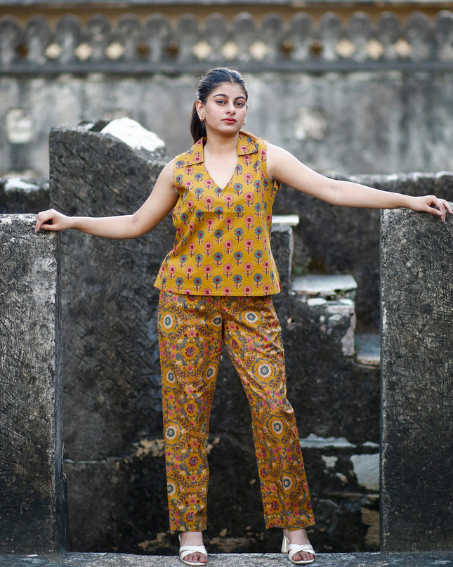 Mustard Yellow Cotton Cut Sleeve Co-ord Set For Women