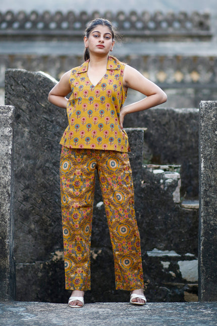 Mustard Yellow Cotton Cut Sleeve Co-ord Set For Women