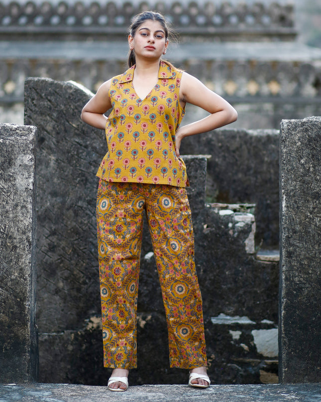 Mustard Yellow Cotton Cut Sleeve Co-ord Set For Women