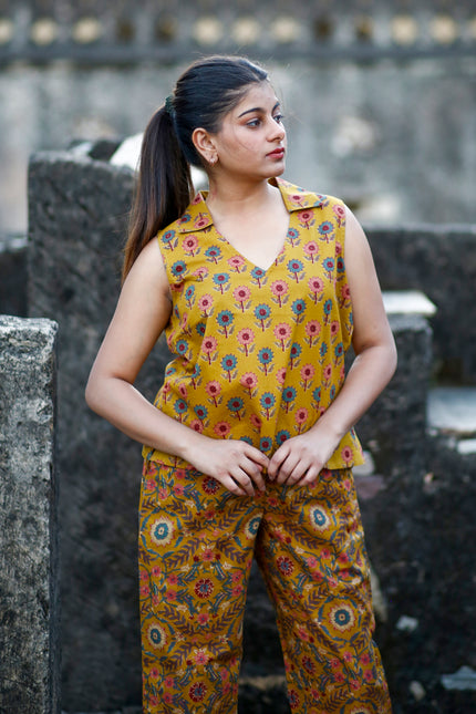 Mustard Yellow Cotton Cut Sleeve Co-ord Set For Women