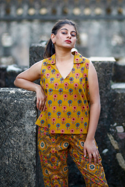 Mustard Yellow Cotton Cut Sleeve Co-ord Set For Women