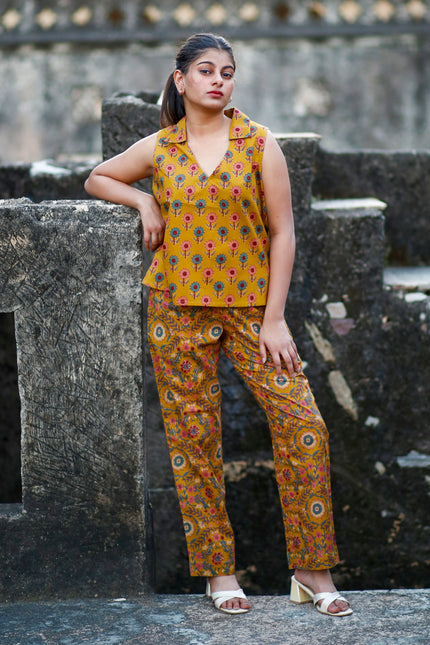 Mustard Yellow Cotton Cut Sleeve Co-ord Set For Women