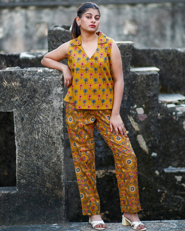 Mustard Yellow Cotton Cut Sleeve Co-ord Set For Women