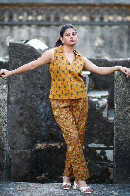 Mustard Yellow Cotton Cut Sleeve Co-ord Set For Women