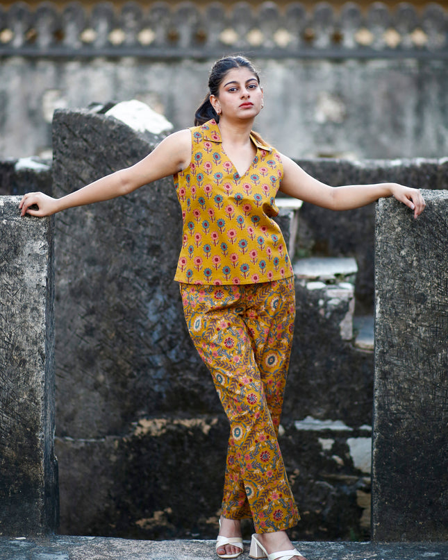 Mustard Yellow Cotton Cut Sleeve Co-ord Set For Women