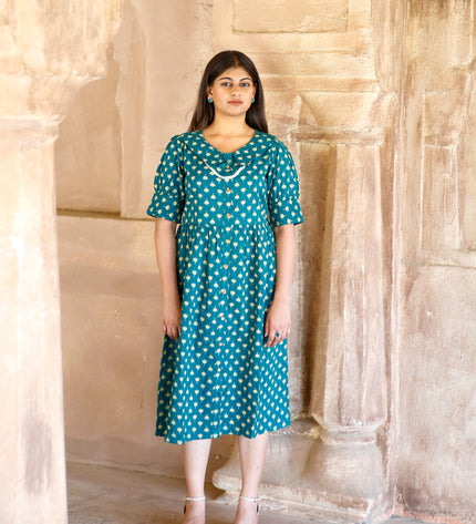 Teal Blue Cotton Dress  For Women