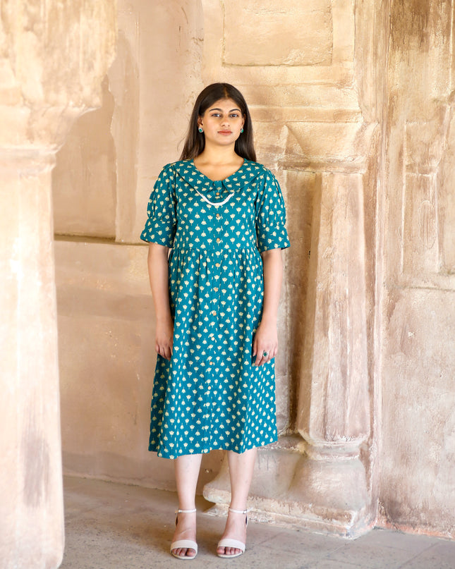 Teal Blue Cotton Dress  For Women