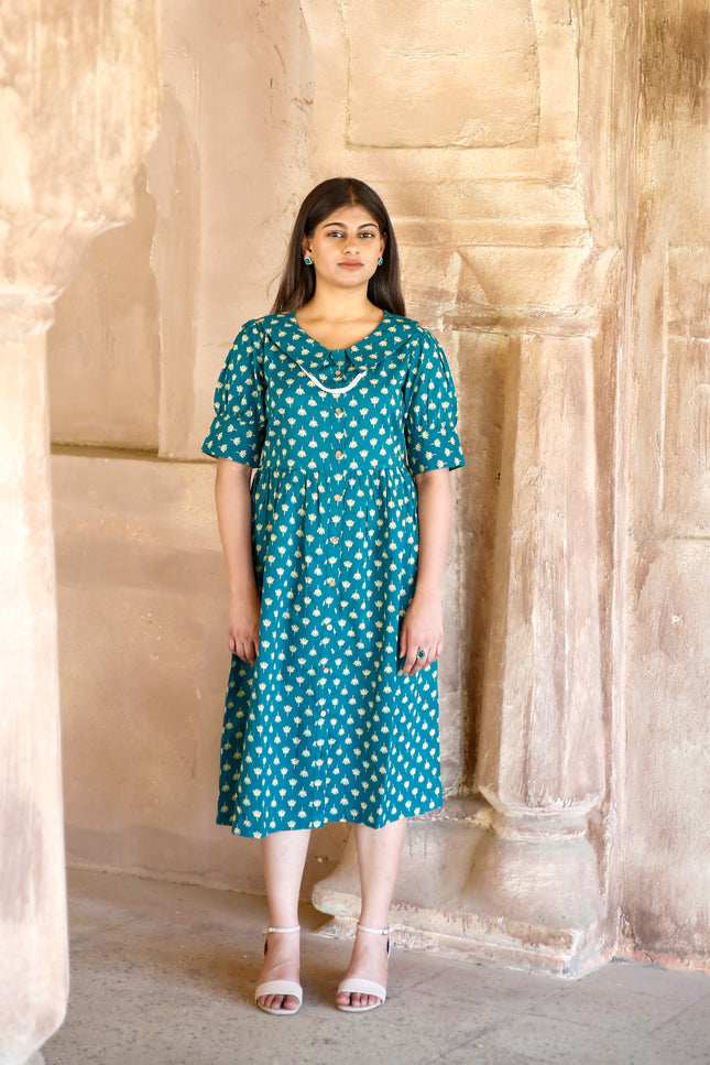 Teal Blue Cotton Dress  For Women